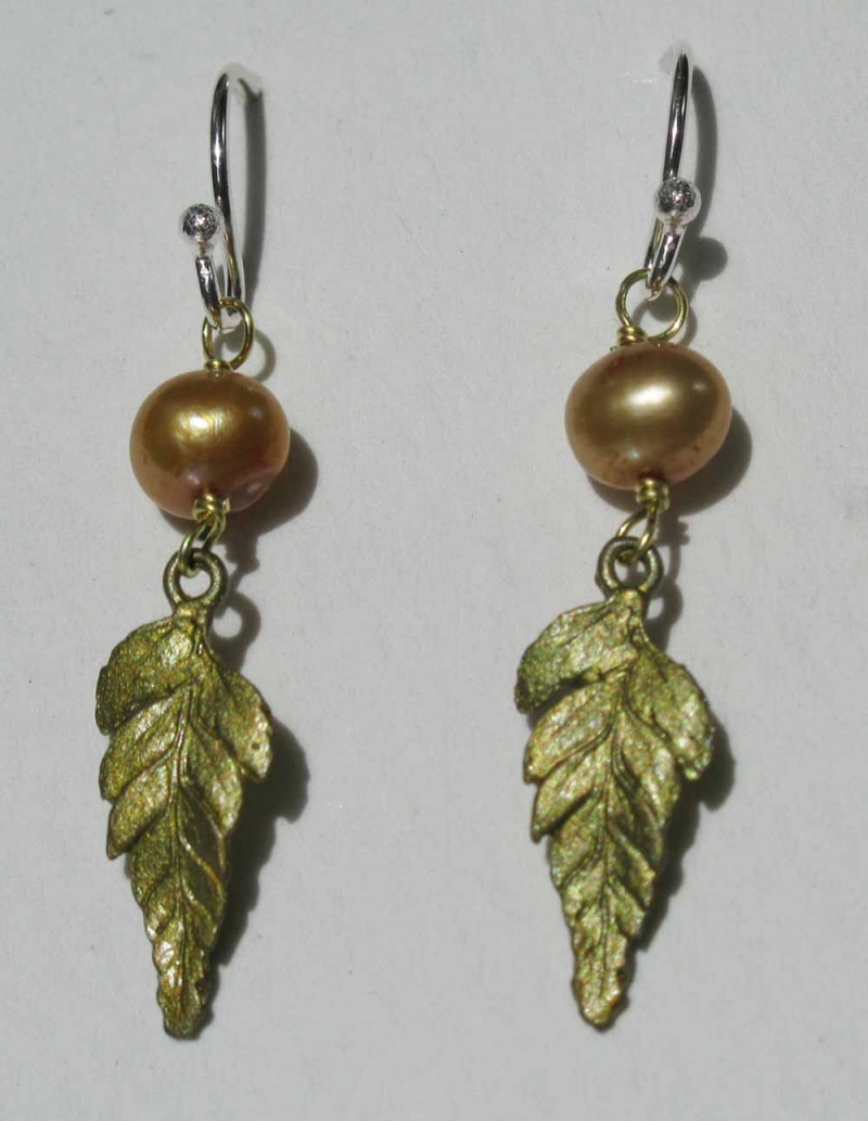 Fern Earrings with Gold Pearl